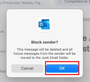 Hit the OK button on Block sender confirmation