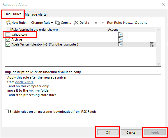 How to disable rules on Outlook