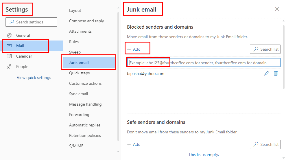 Junk email and blocked senders on Outlook web app
