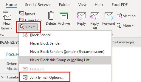 Junk email options on Home Outlook ribbon menu