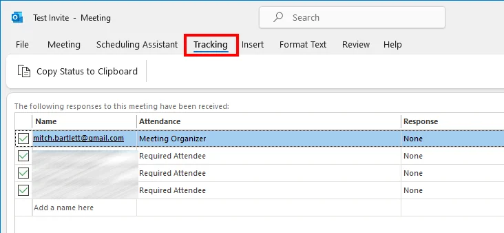 Outlook 365 Tracking tab