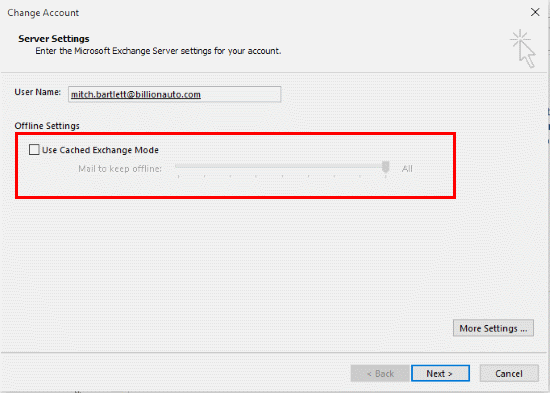 outlook cached exchange mode registry