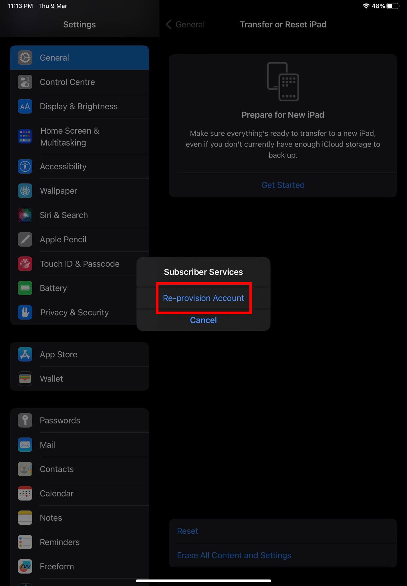 Perform a subscriber services reset on iPad