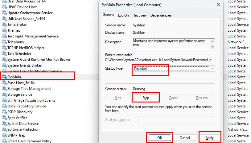 How to disable Superfetch via Services app