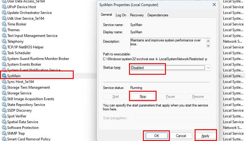 How to disable Superfetch via Services app