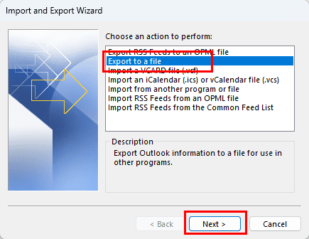 Pick export to a file in the import export wizard