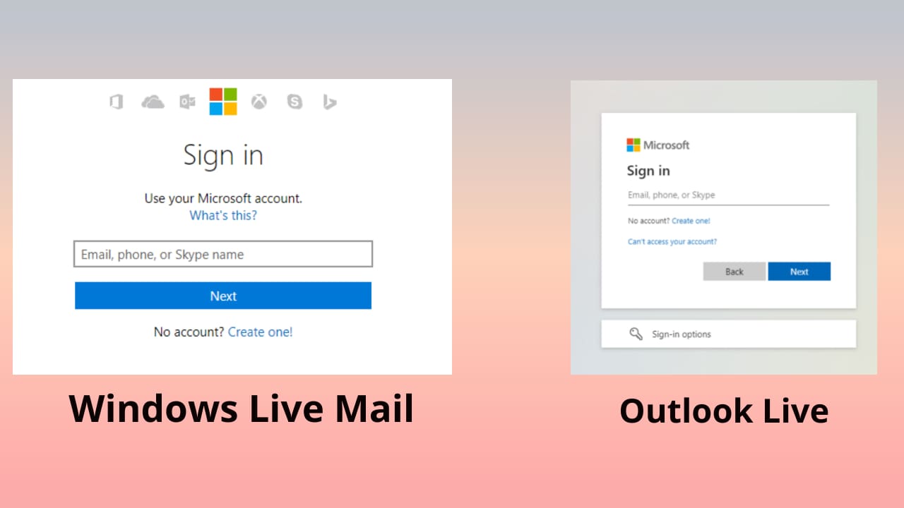 The difference between then Windows Live Mail log in interface and present Outlook Live