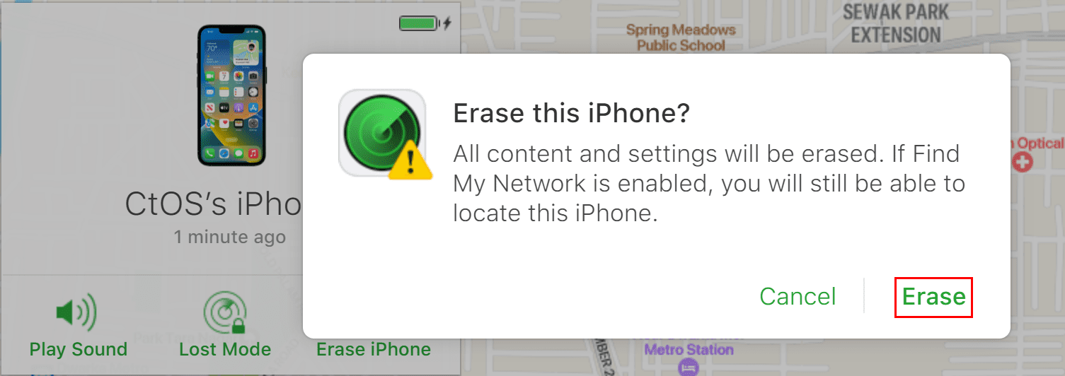 Select Erase to use Find My to wipe iPhone storage