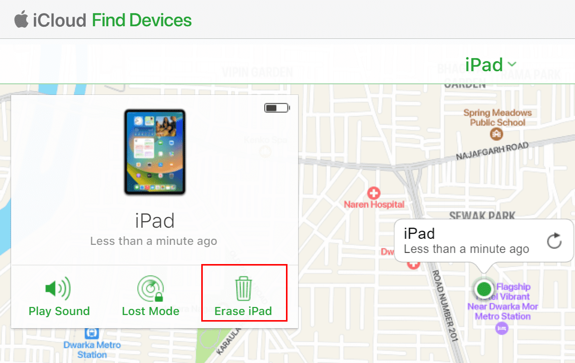 The Erase iPad option on iCloud Find Devices