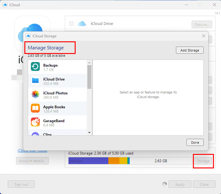 The manage storage interface on iCloud for Windows 11 PC