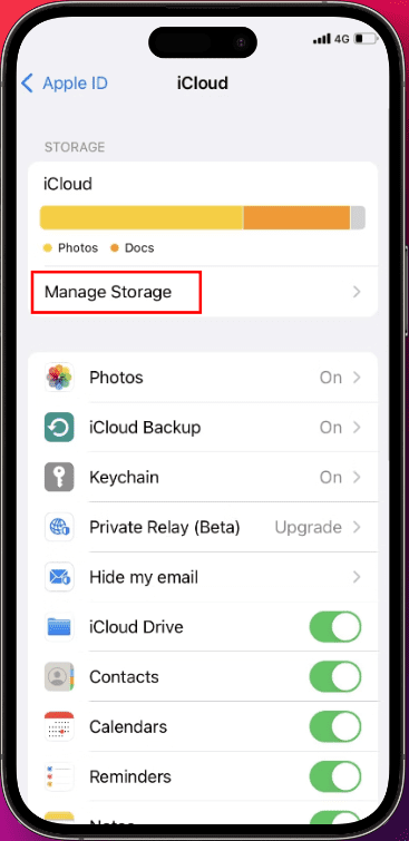 iCloud Manage Storage button