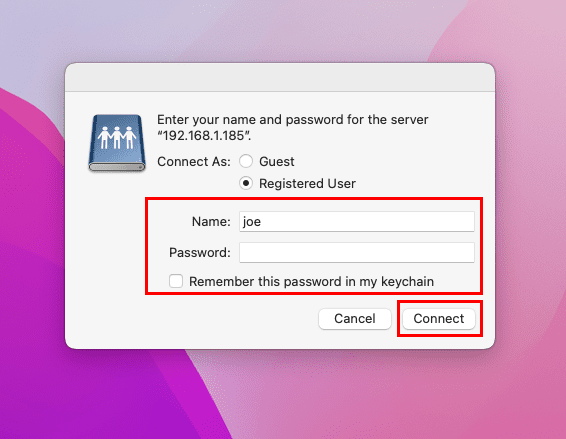 Entering user name and password on connect to server