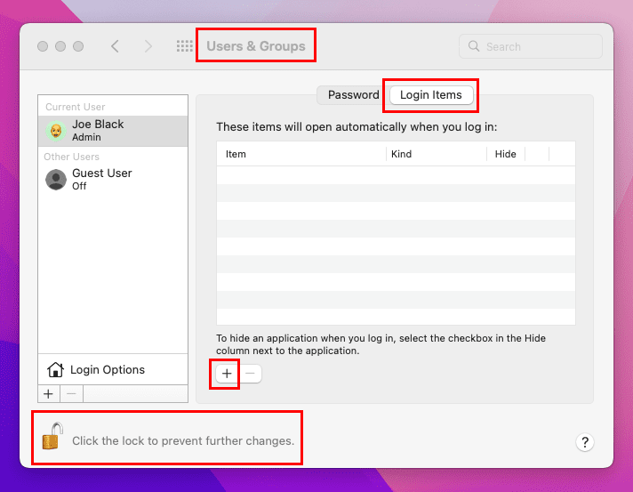 Login Items in Users & Groups dialog box of macOS