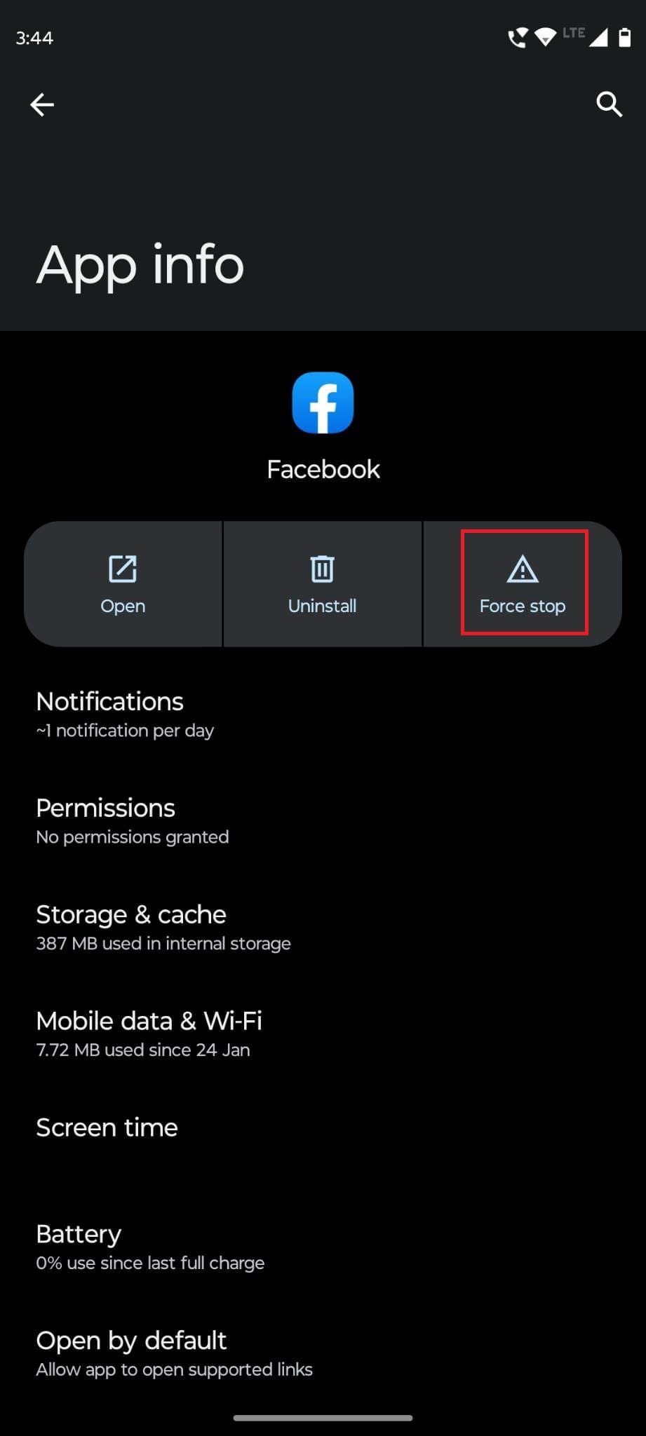 Select Force Stop button to fix stuck uploads problem on Facebook Android