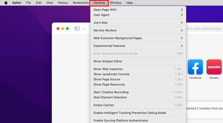The Develop menu on Mac Safari