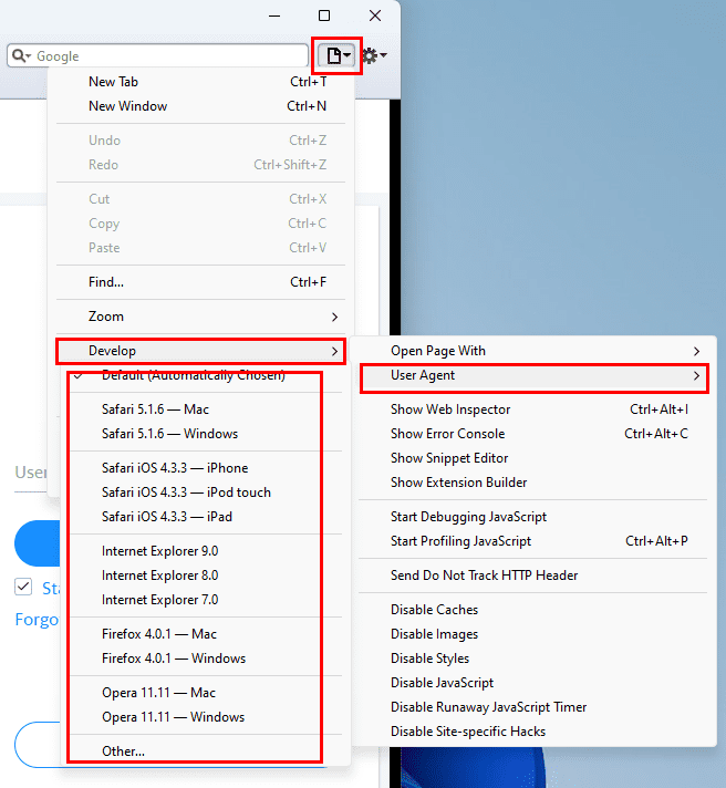 The User Agent menu in Safari for Windows 11
