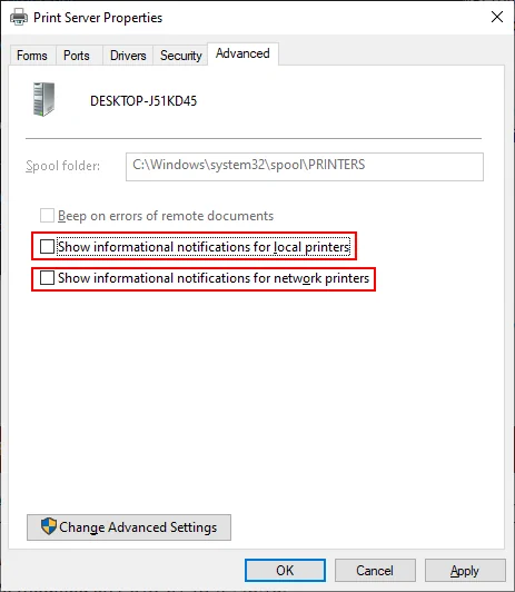 Windows Print Notification Settings