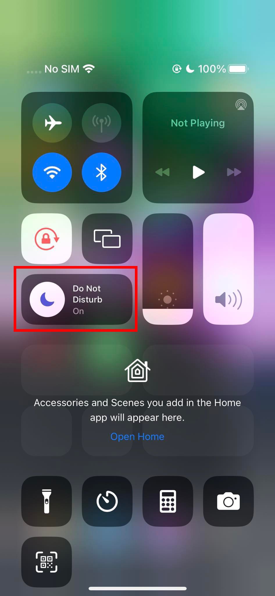 The Do Not Disturb Focus Mode on Control Center of iPhone