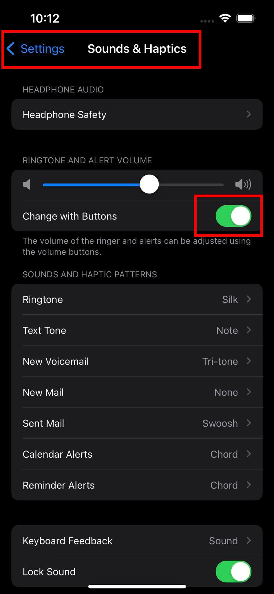 The location of the Change with Buttons command on iPhone Settings