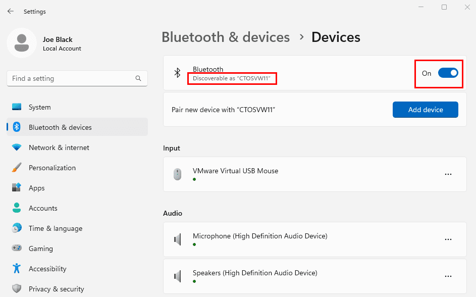 Bluetooth and devices sections on Windows 11