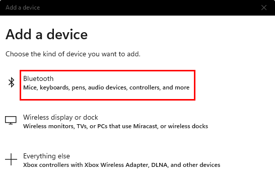 Select Bluetooth on Add a device