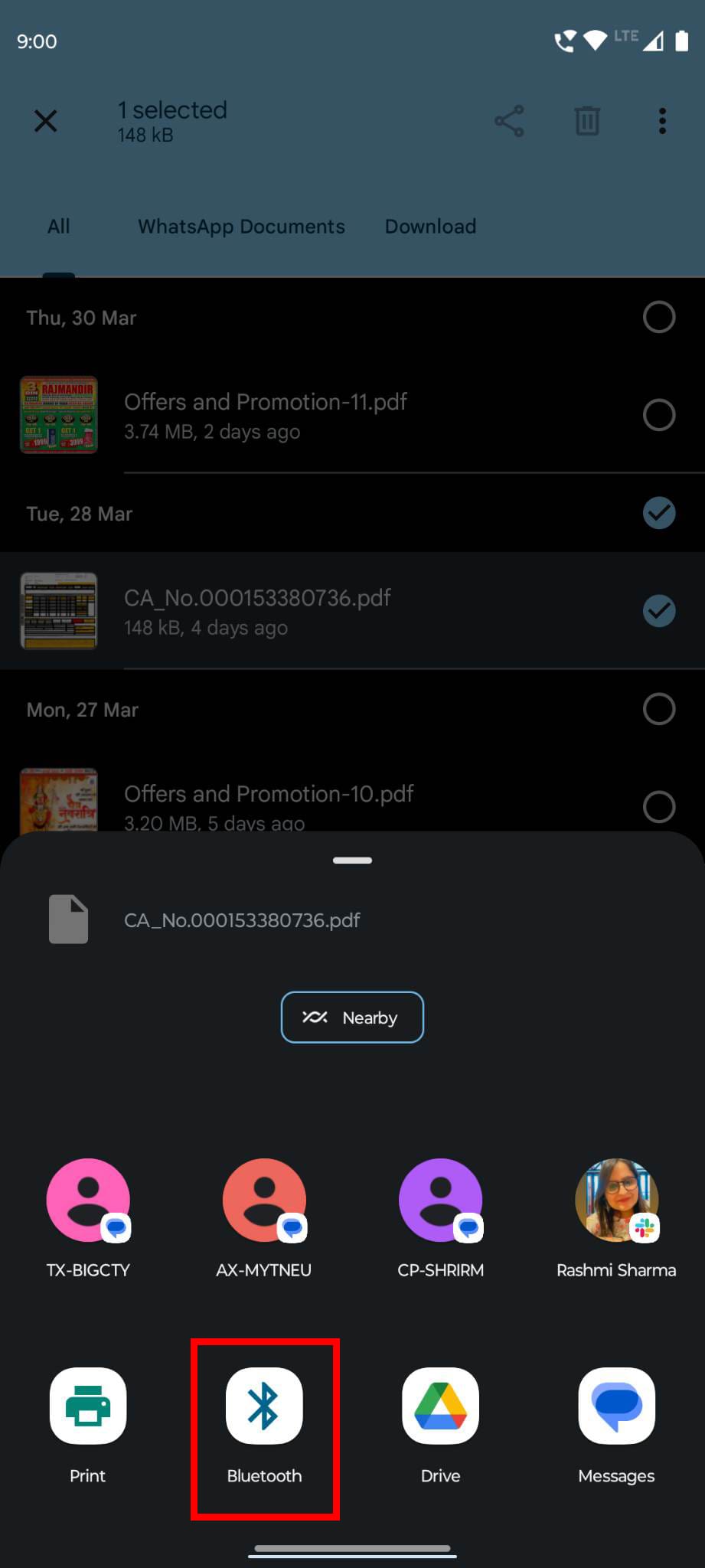 Tap Bluetooth icon to send via Bluetooth