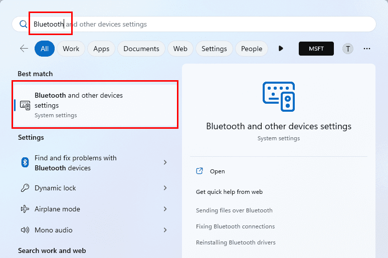 The Bluetooth and other devices settings