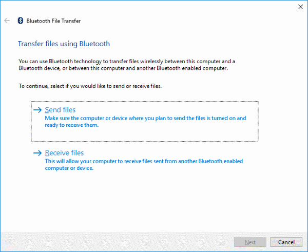 Windows Transfer Files Using Bluetooth screen