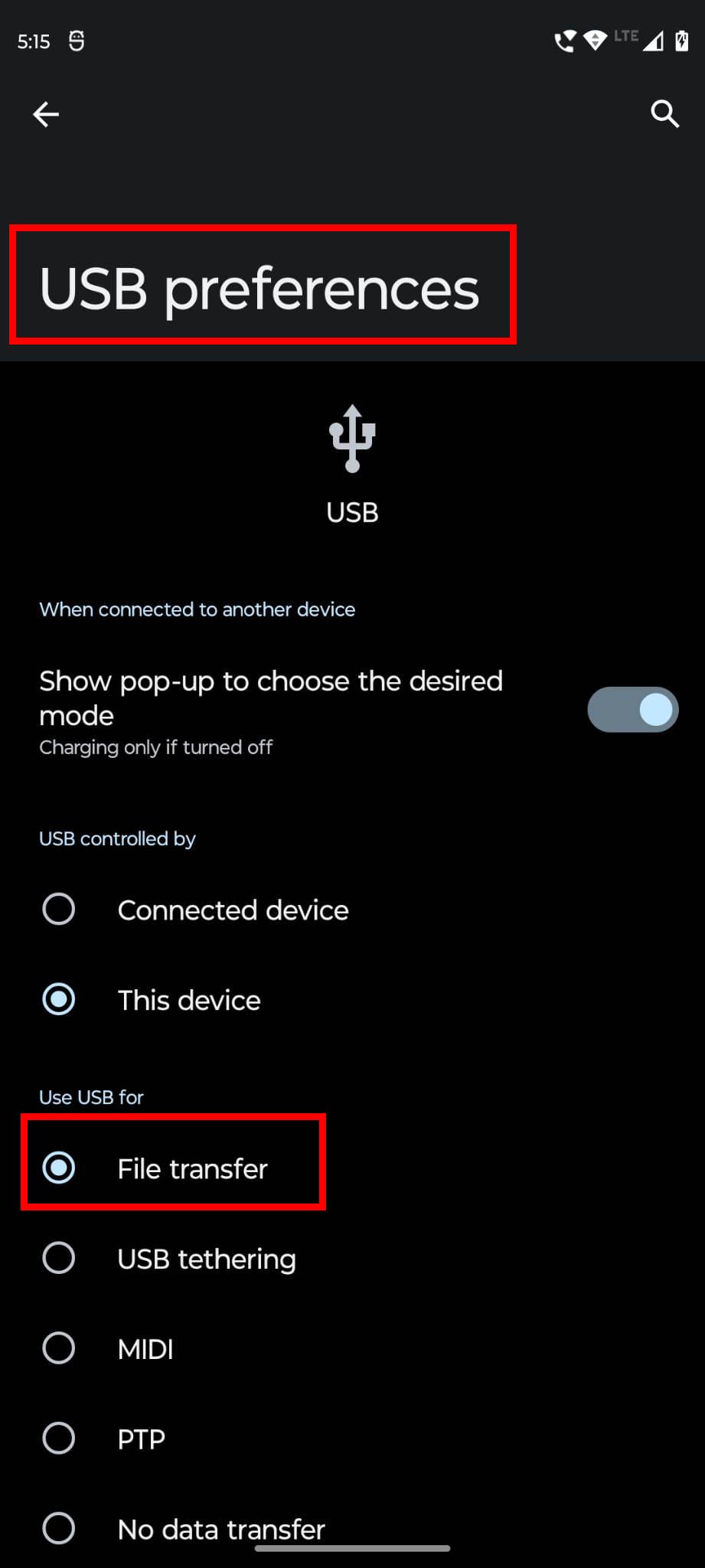 Activating File Transfer for Select USB mode