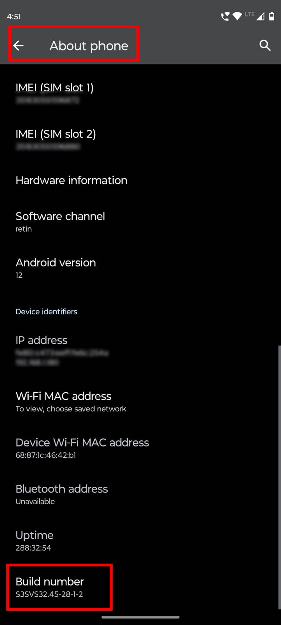 Location of Build number on Settings About Phone