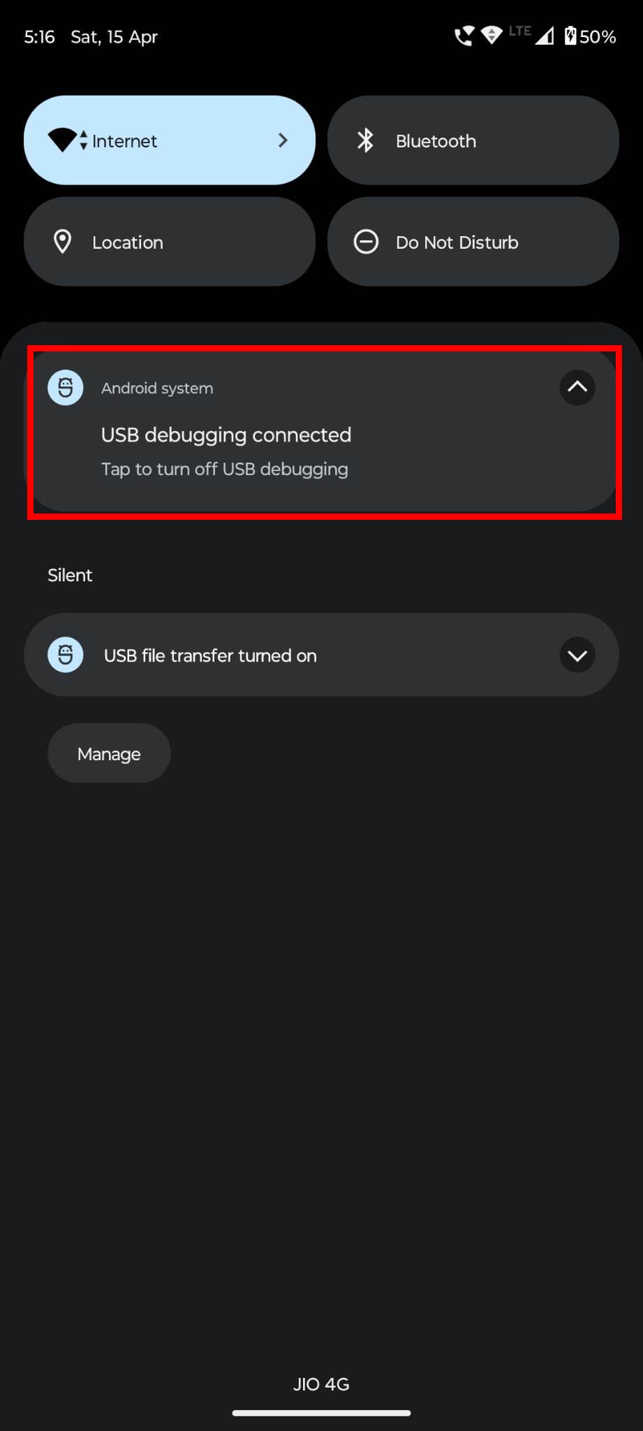USB debugging connected confirmation