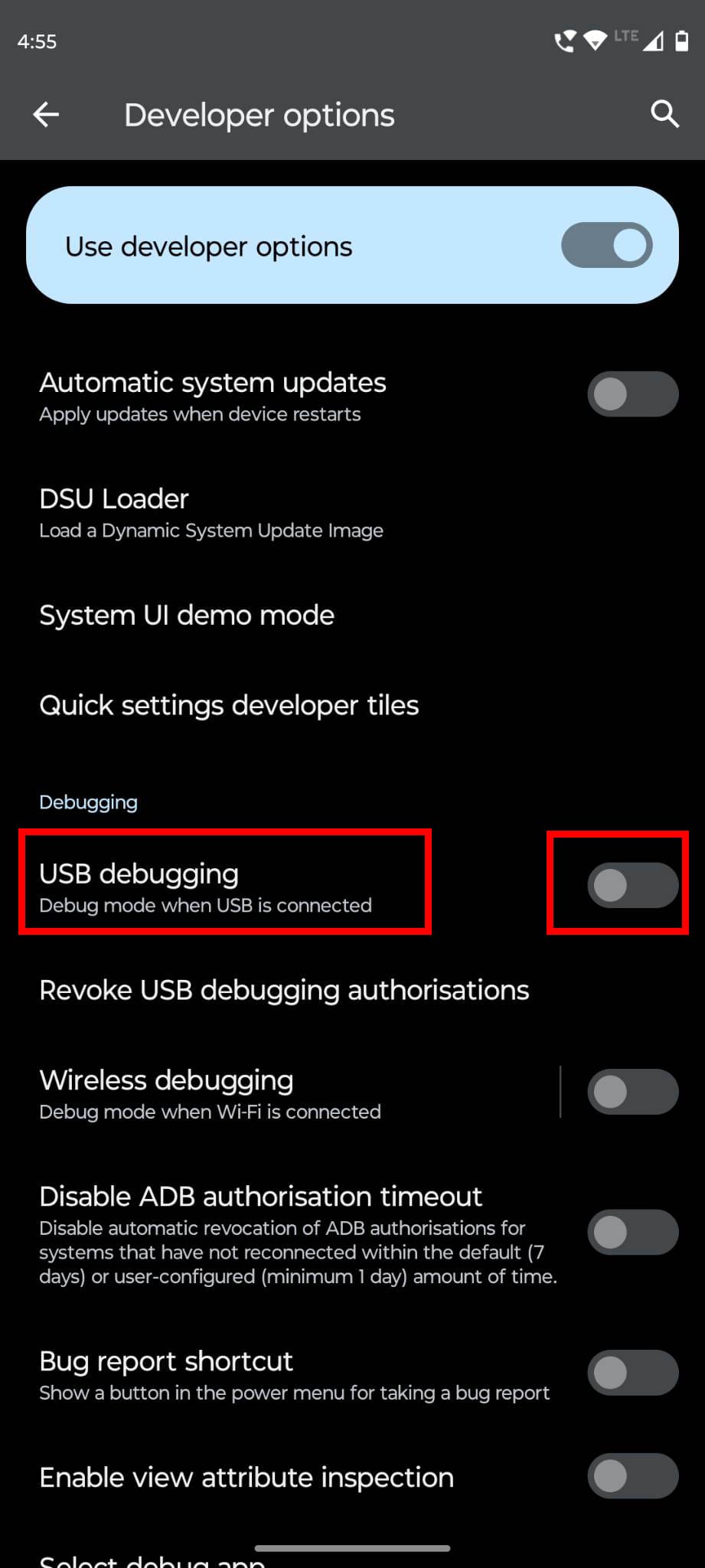 USB debugging toggle button