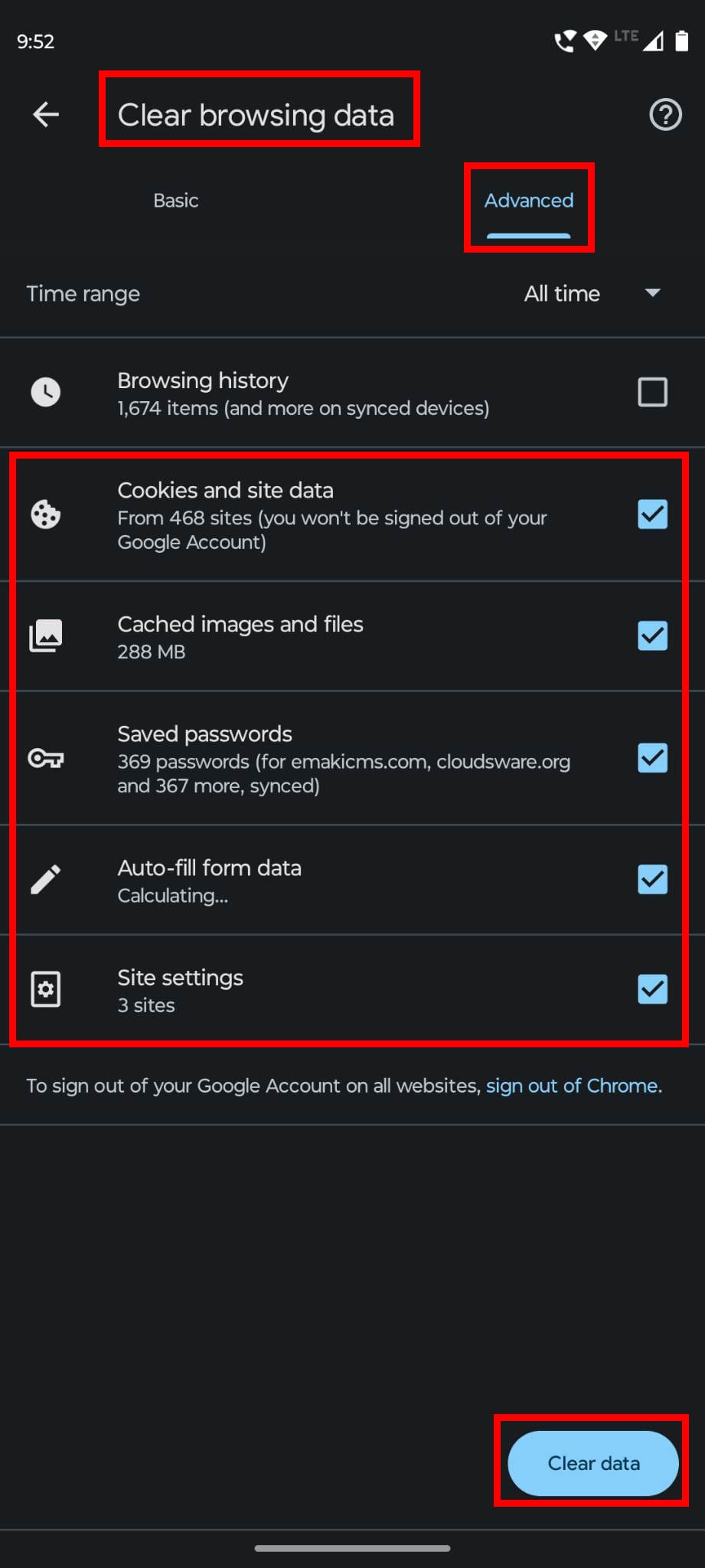 Advanced tab for clear cache and cookies on Chrome