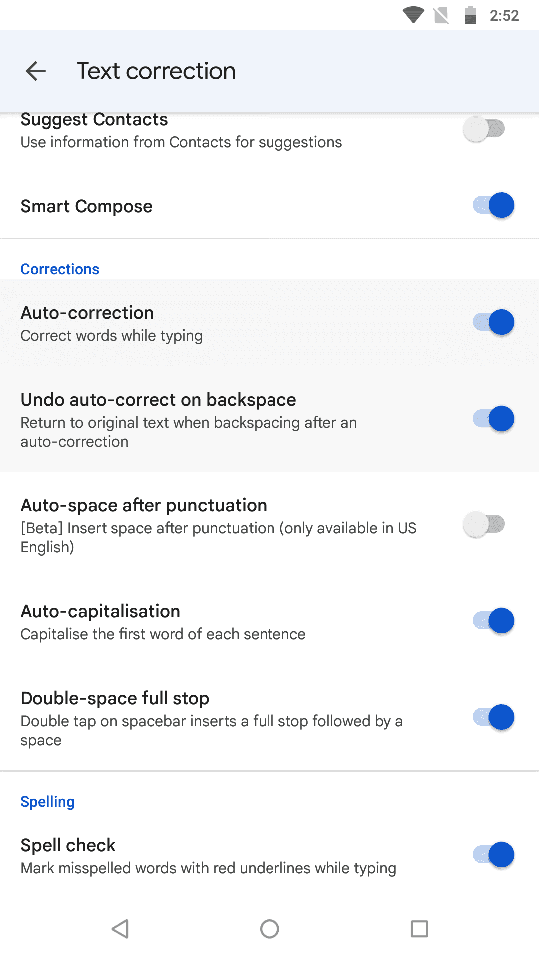 Android text corrections Corrections and Spell Check