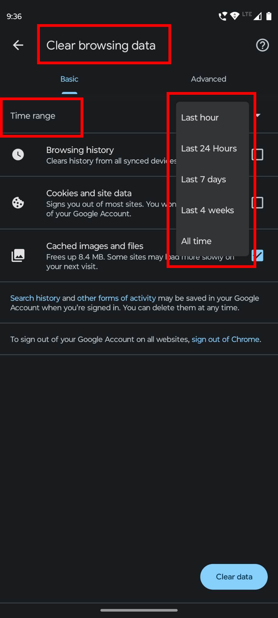 Choose Time range for browser history deletion