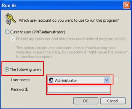 How to use Run as different user in Windows XP