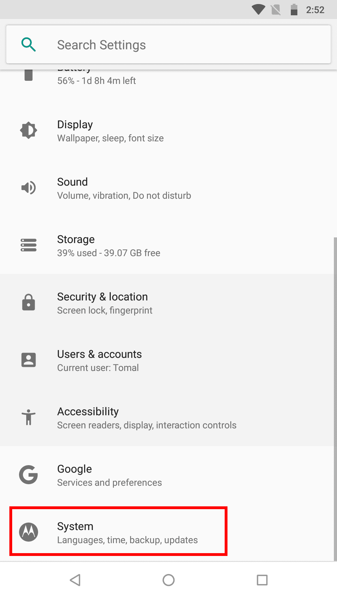 Tap System on Settings app