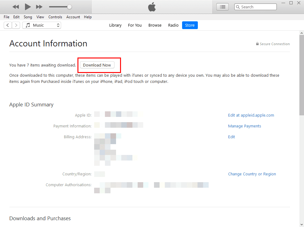 The Download Now button inside iTunes Account Information section