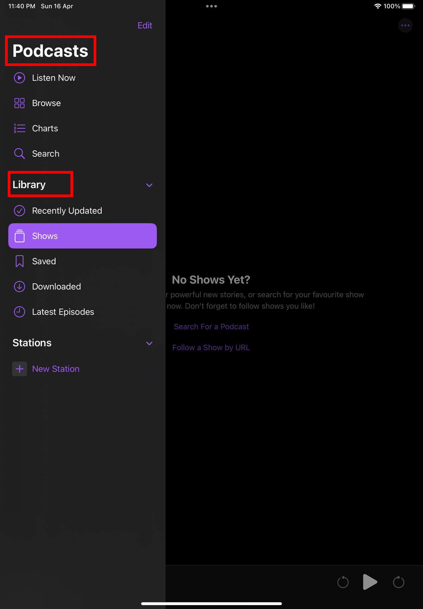 The Podcasts app sidebar showing Library