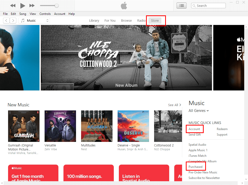 The location of Account and Purchased on iTunes app iTunes purchase history