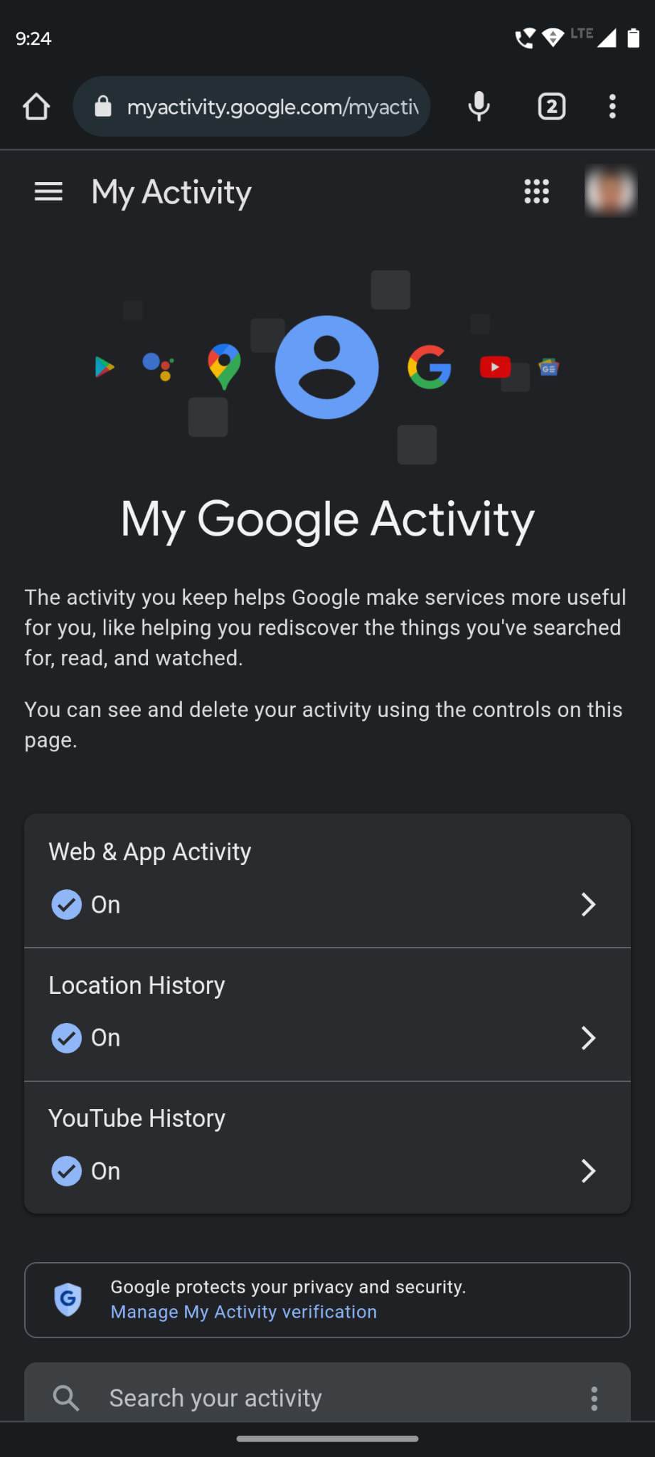 The portal for activities linked to specific Google Accounts