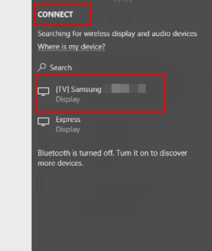 The Connect sidebar on Windows 10 showing a wireless display supporting Miracast