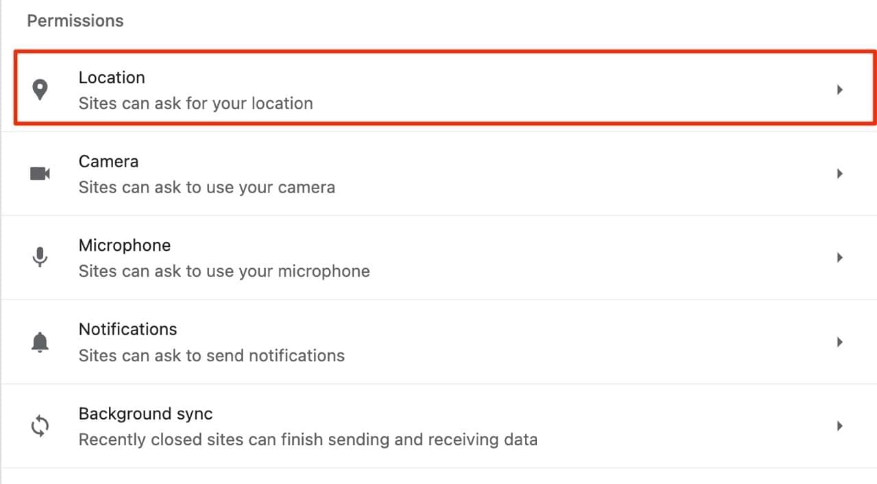 The location permissions in Google Chrome