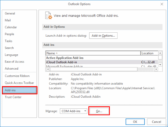 nessuna scheda componenti aggiuntivi in ​​Outlook
