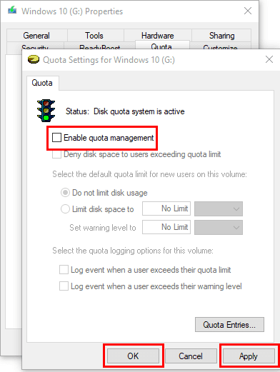 Disable quota settings in Windows 10