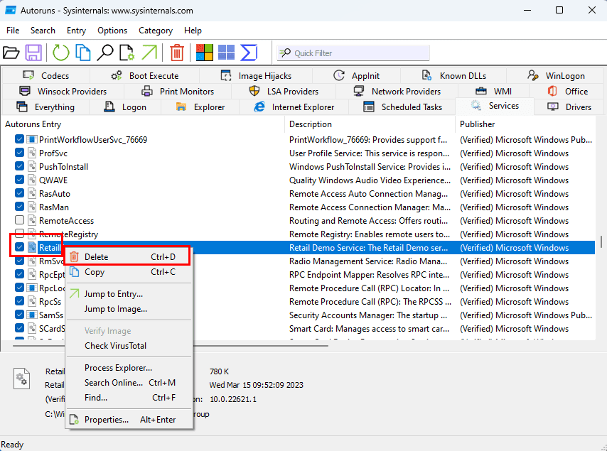How to delete Windows services using Autoruns