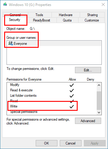 Location of write permission for any storage drive