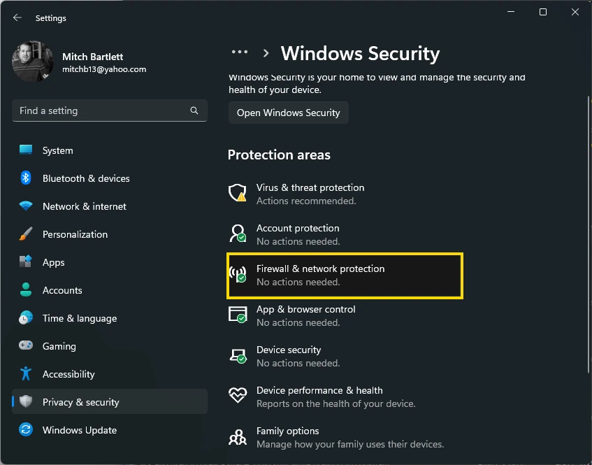 Windows 11 Firewall and Network Protection Option