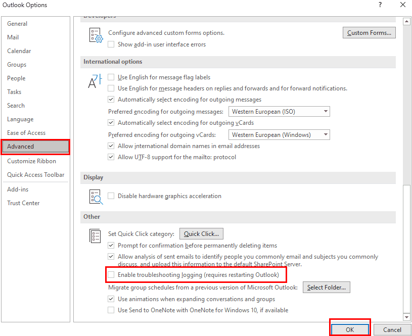 Activate Global Logging on Outlook 2021 from Outlook Options
