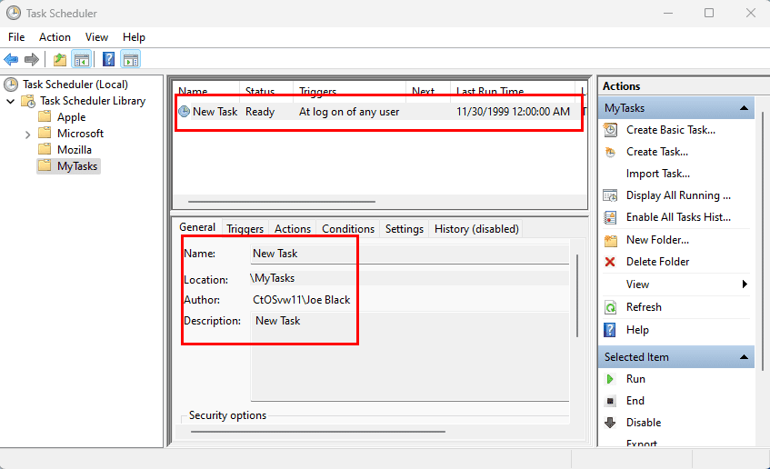 Creating a task on Windows Task Scheduler